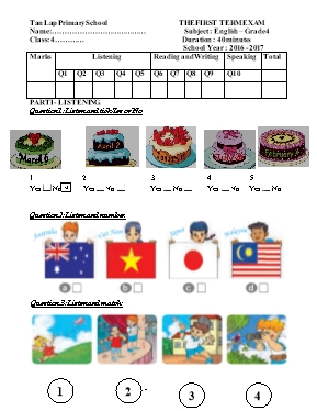 Đề kiểm tra học kì I Tiếng anh lớp 4 - Năm học 2015-2016